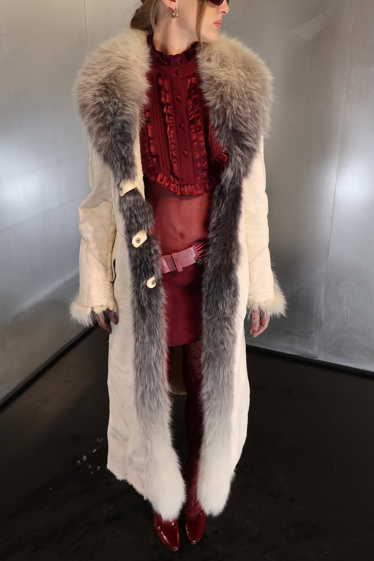 Rare Snakeskin embossed Ivory Leather Maxi Coat with Fur trim