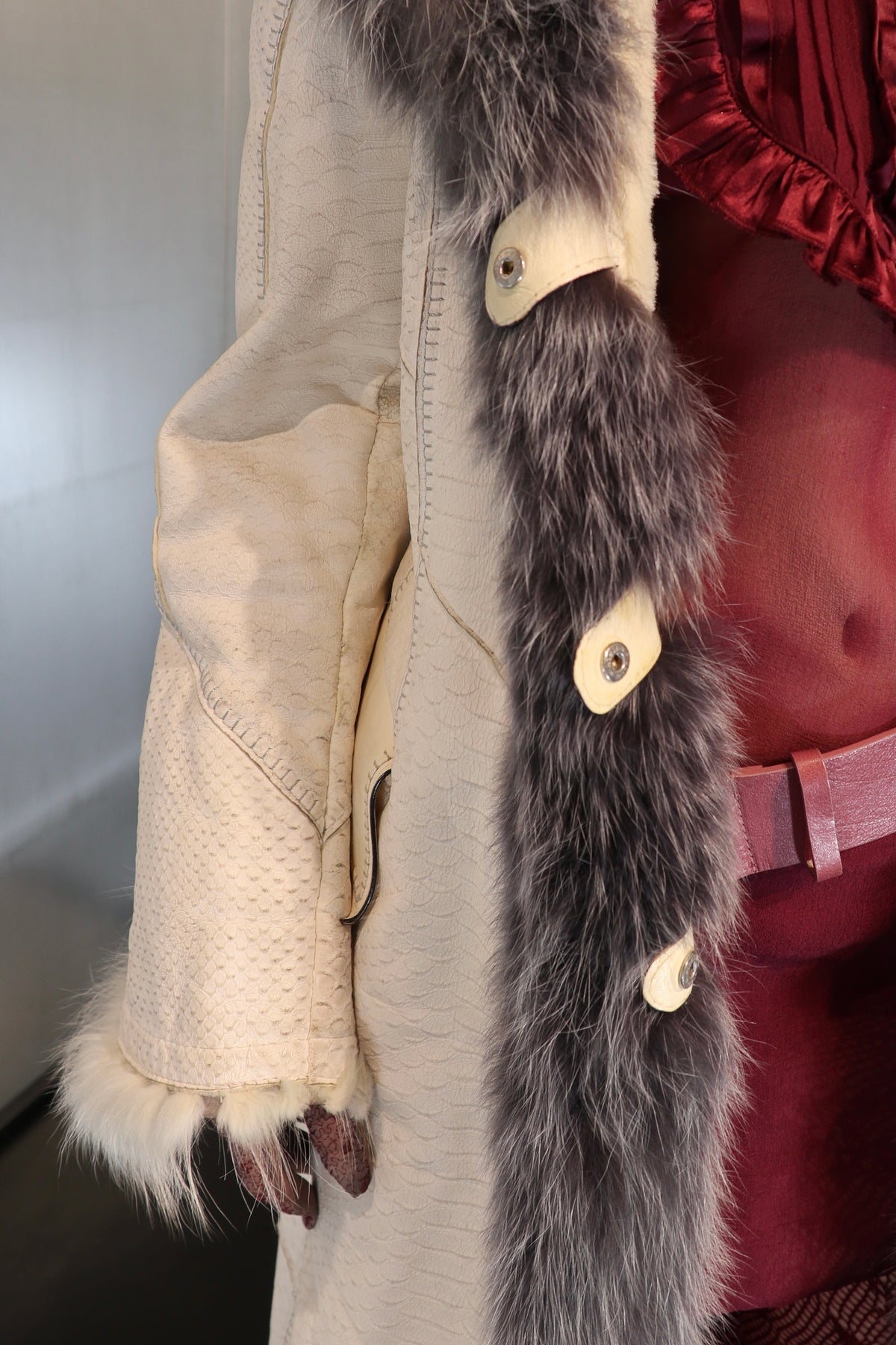 Rare Snakeskin embossed Ivory Leather Maxi Coat with Fur trim