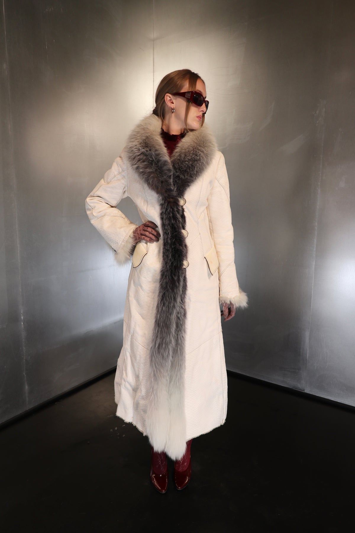 Rare Snakeskin embossed Ivory Leather Maxi Coat with Fur trim