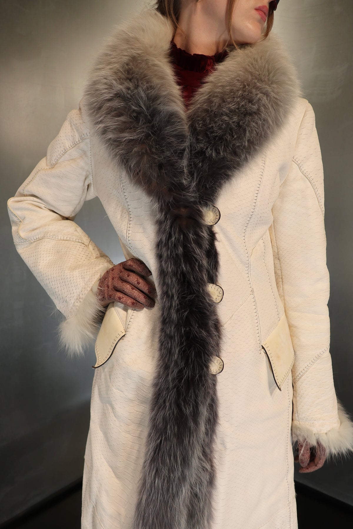 Rare Snakeskin embossed Ivory Leather Maxi Coat with Fur trim