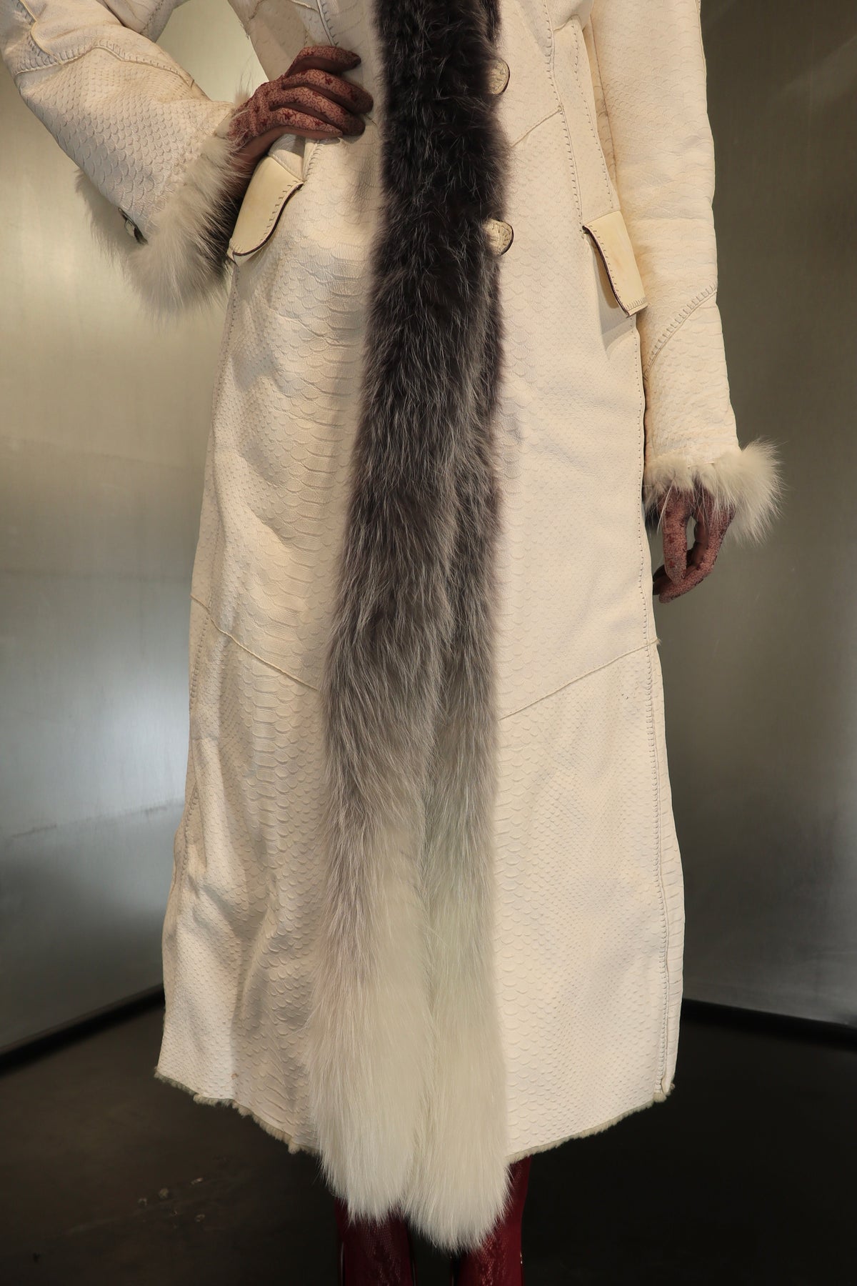 Rare Snakeskin embossed Ivory Leather Maxi Coat with Fur trim