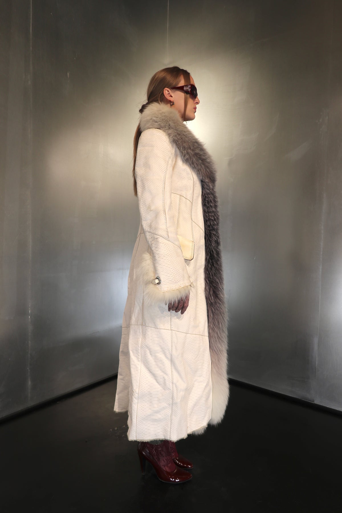 Rare Snakeskin embossed Ivory Leather Maxi Coat with Fur trim