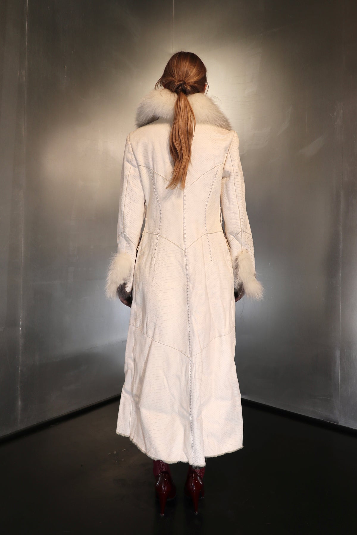 Rare Snakeskin embossed Ivory Leather Maxi Coat with Fur trim