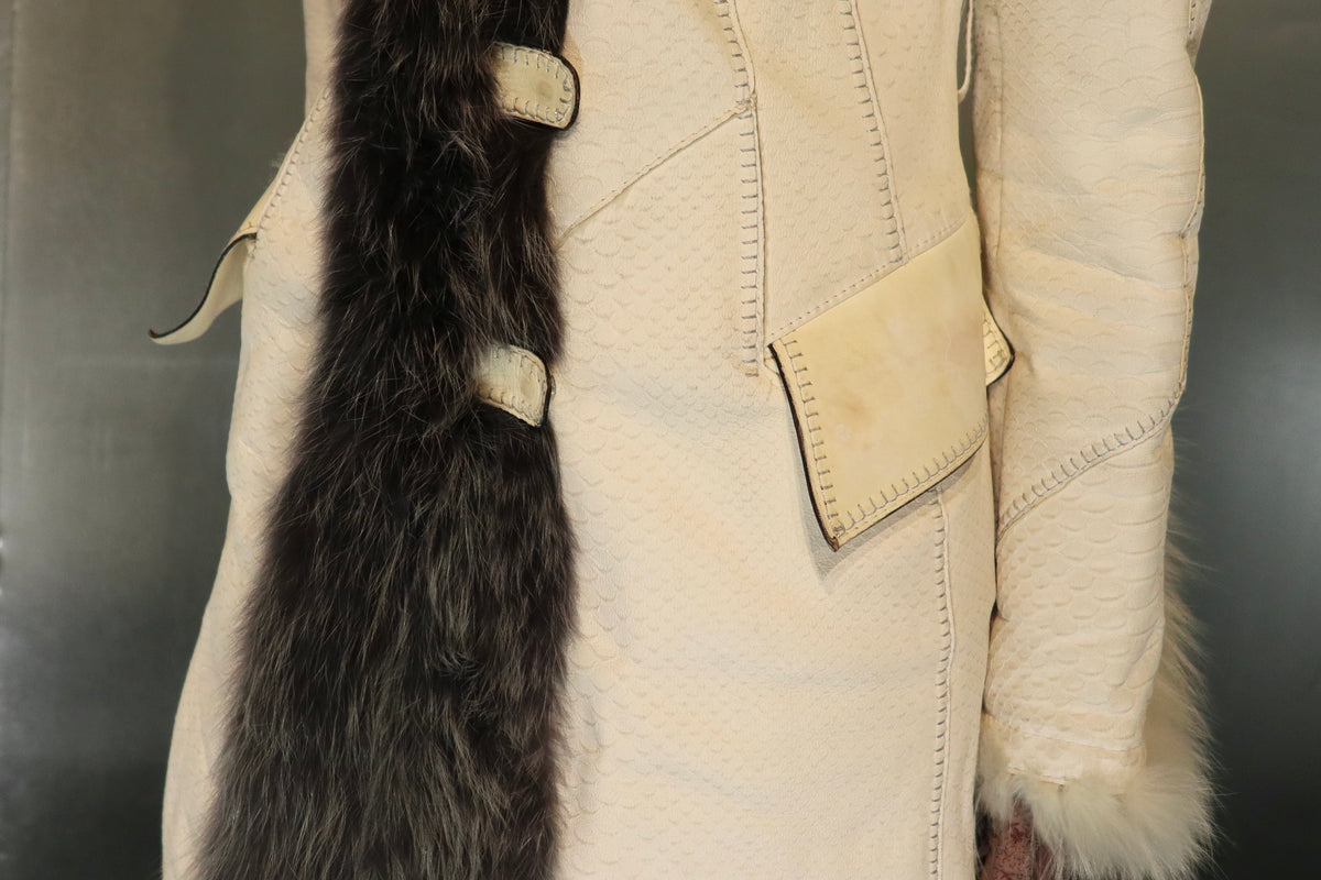 Rare Snakeskin embossed Ivory Leather Maxi Coat with Fur trim