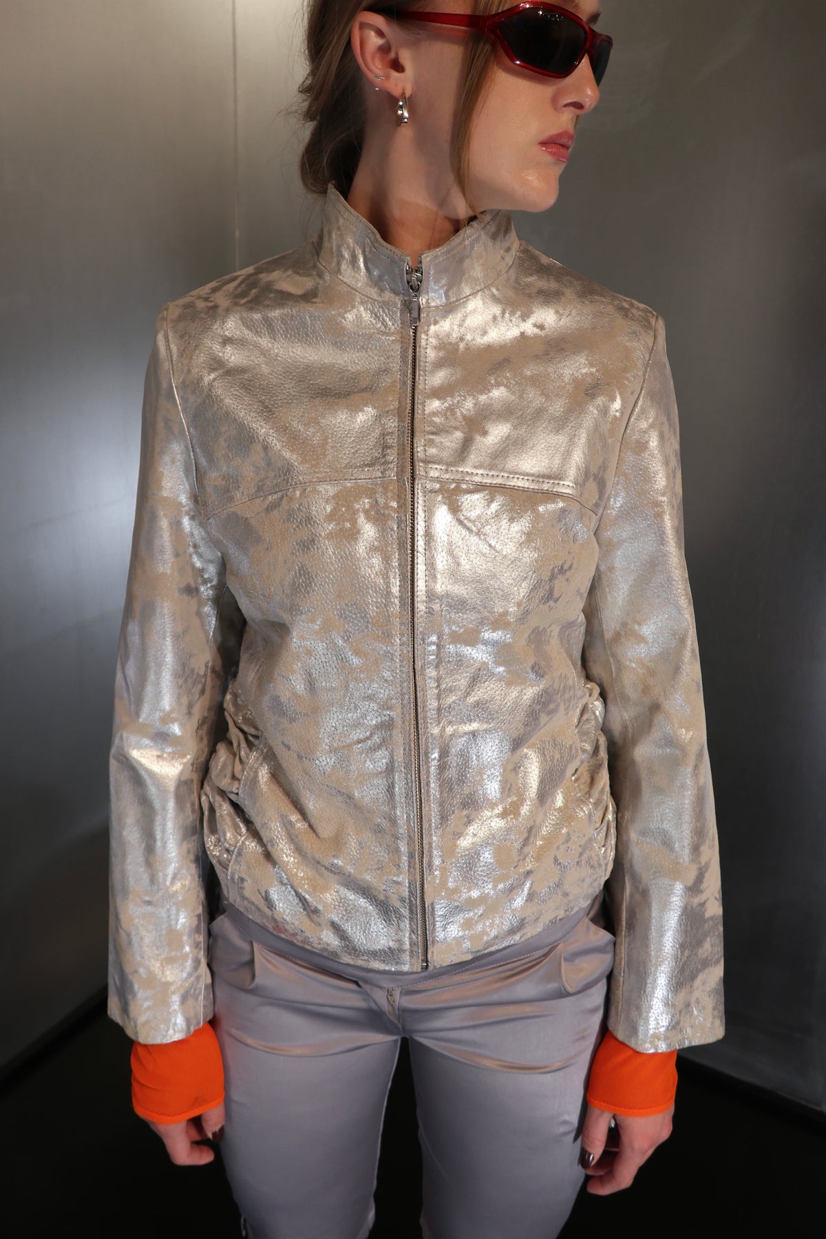 Metallic Silver Leather Jacket