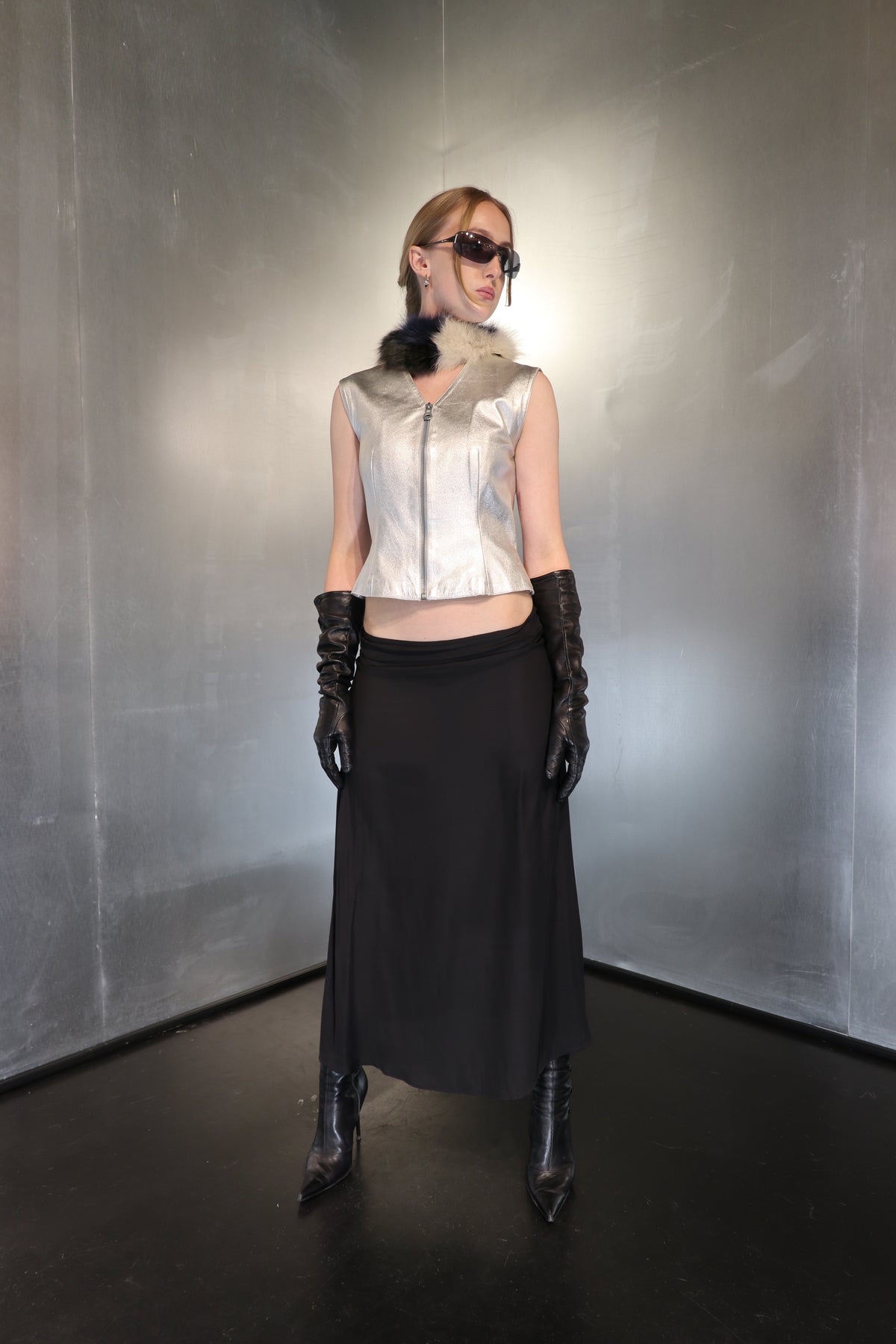 Vintage LOEWE Zip up Leather Silver Vest