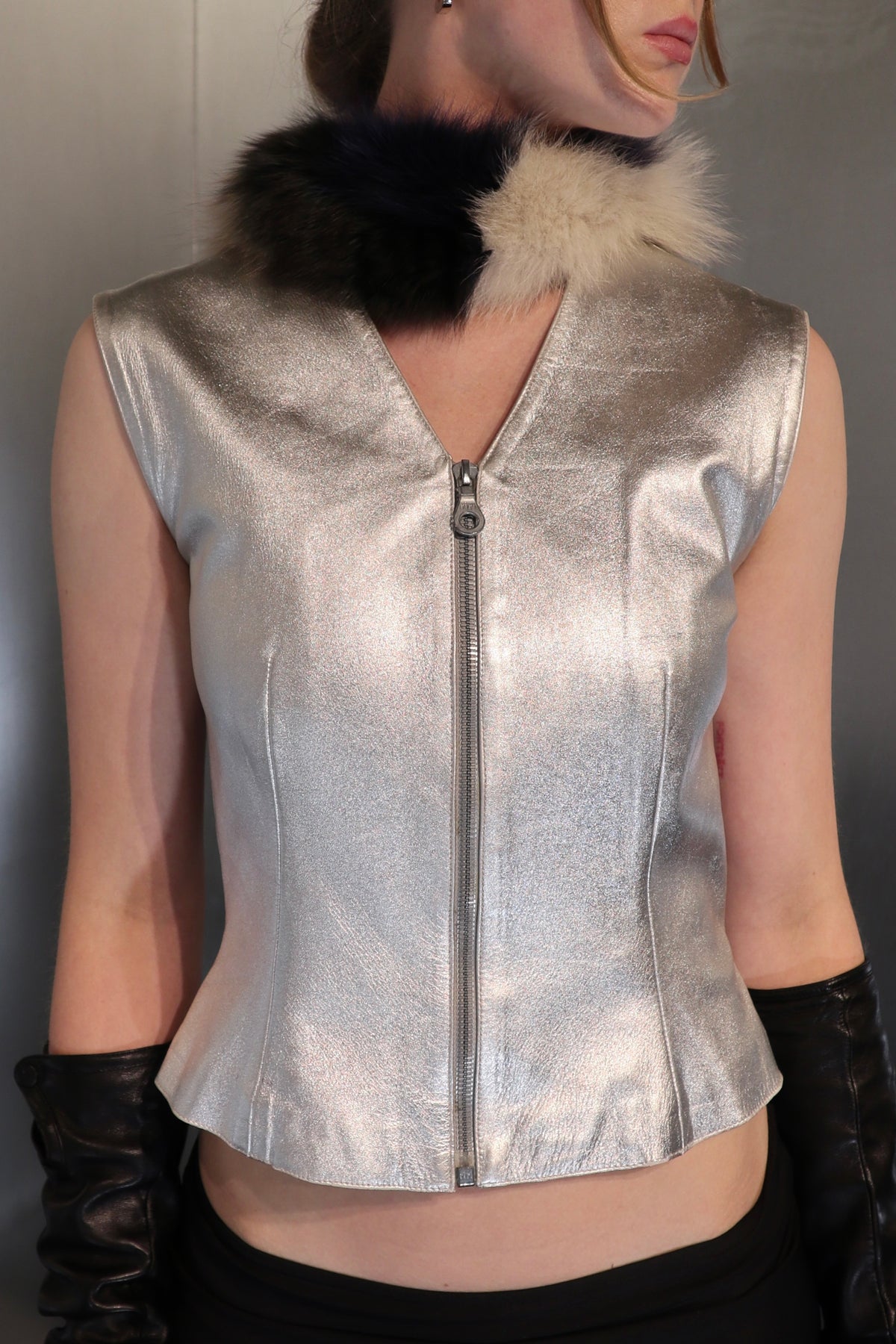 Vintage LOEWE Zip up Leather Silver Vest