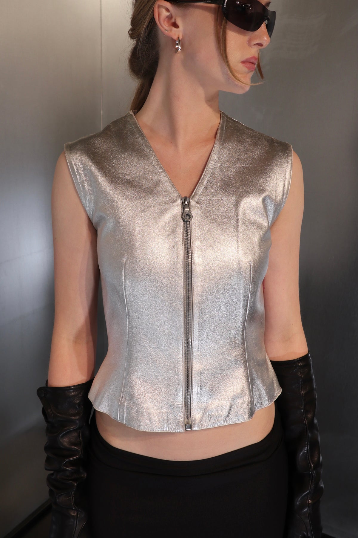Vintage LOEWE Zip up Leather Silver Vest