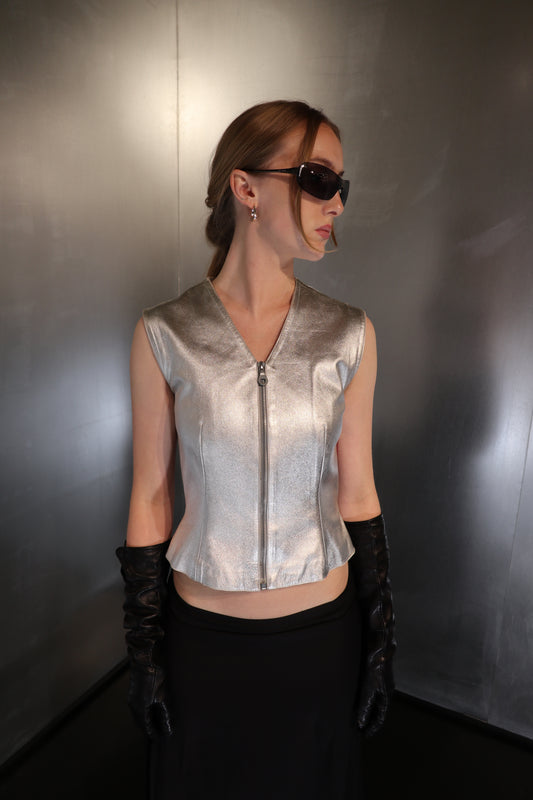 Vintage LOEWE Zip up Leather Silver Vest