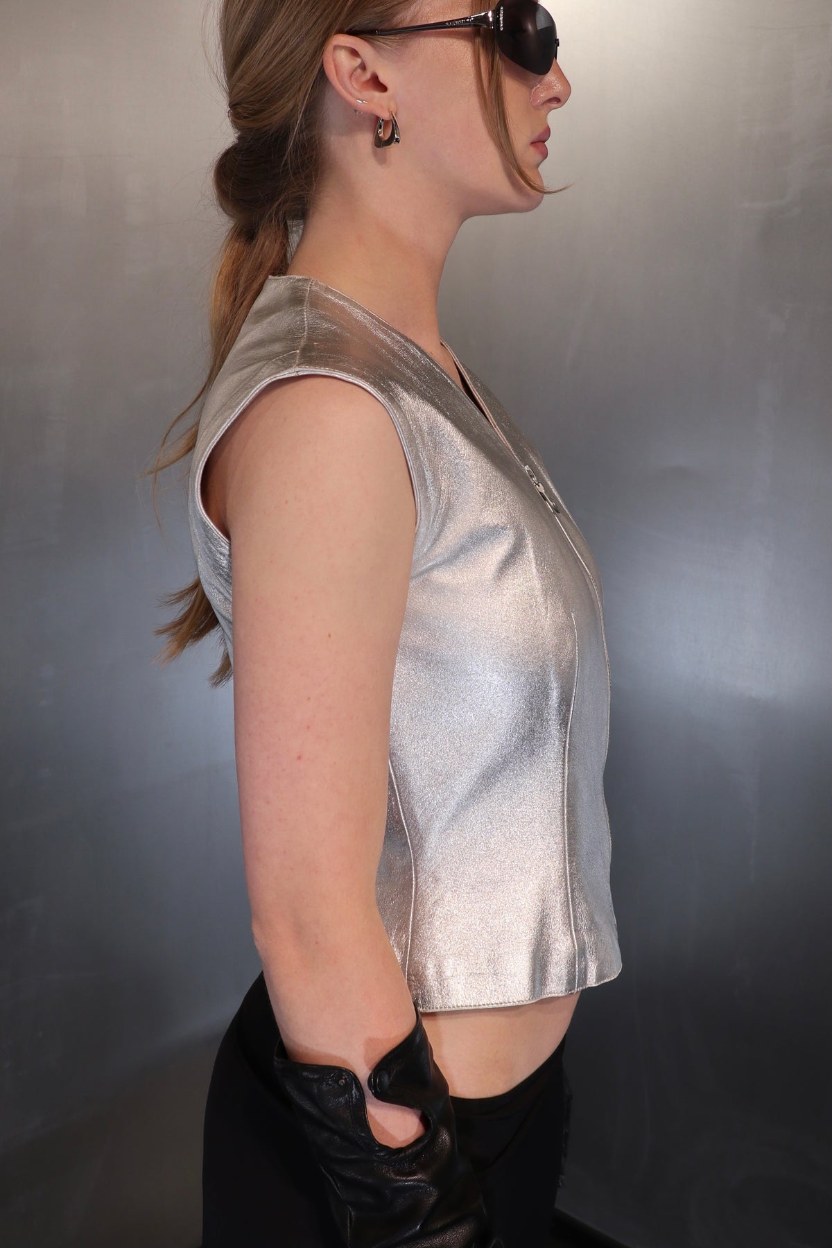 Vintage LOEWE Zip up Leather Silver Vest