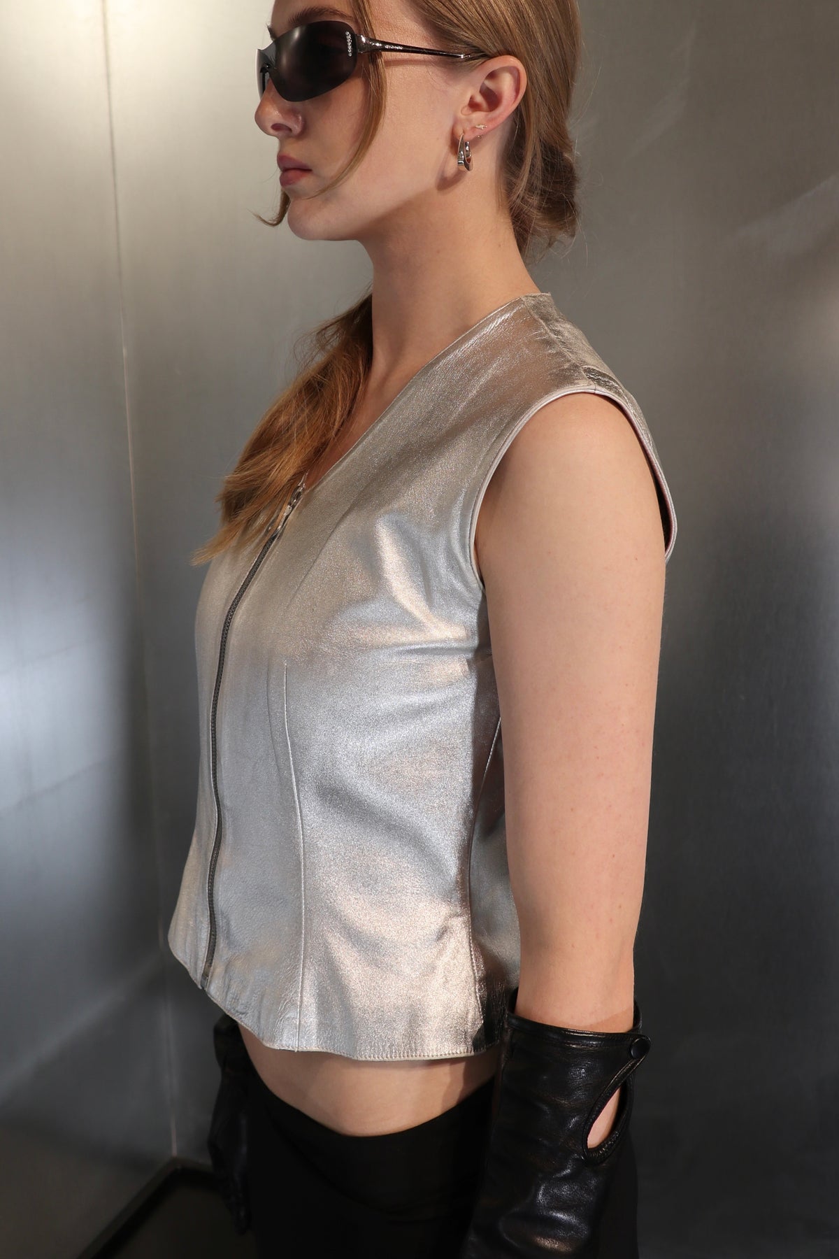 Vintage LOEWE Zip up Leather Silver Vest